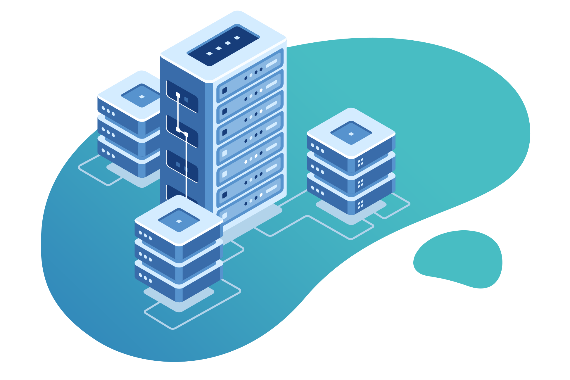 Bild von miteinander verknüpften Datenbank-Servern auf einem blauen Hintergrund im Cartoon Stil